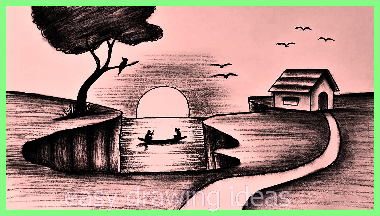 Drawing of Beautiful Sunset Nature, Pencil Drawings for Beginners, Landscape Drawing